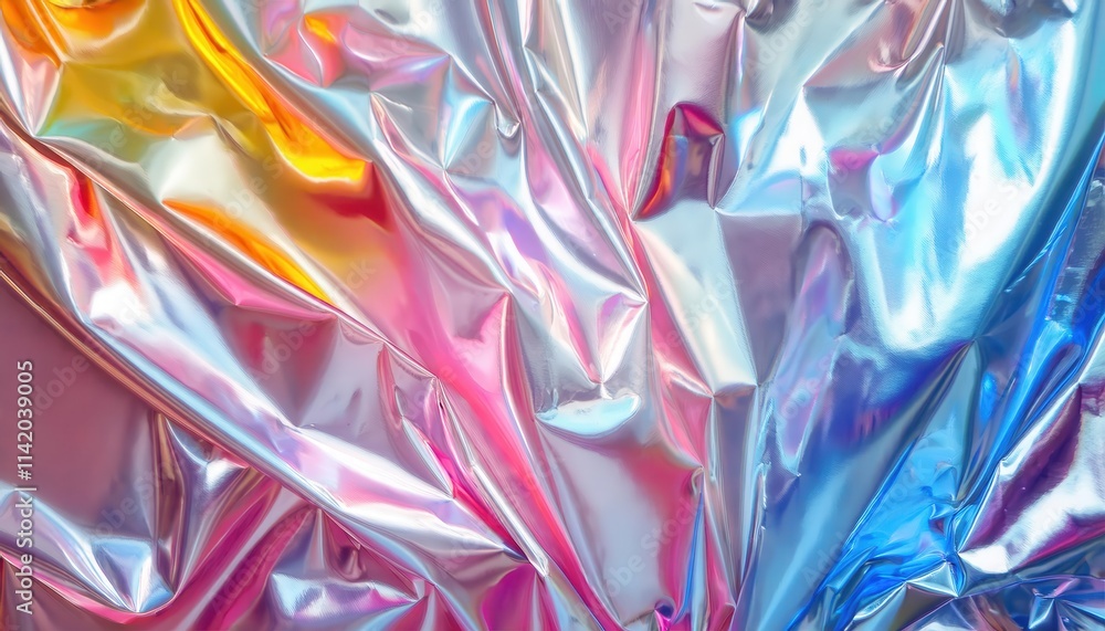 Fototapeta premium Vibrant Iridescent Holographic Wrinkled Foil Texture with Colorful Metallic Reflections for Design Projects, Digital Art, Wallpapers, Packaging Concepts, Creative Branding, and Futuristic Visuals