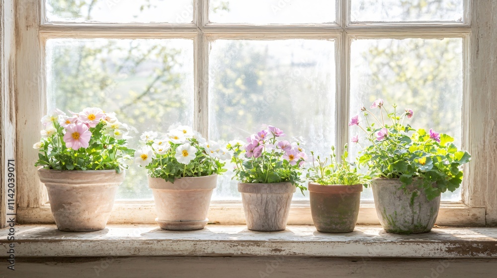 A rustic windowsill adorned with primrose flowers in small mismatched planters, with soft light filtering in A rustic windowsill adorned with primrose flowers in small mismatched planters, with soft light filtering in