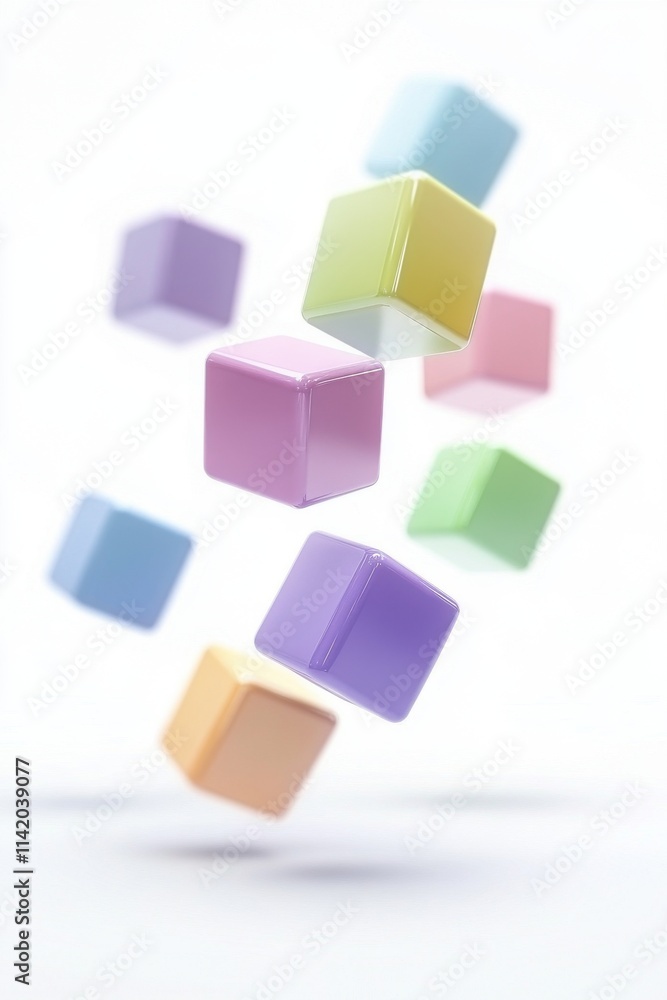 Colorful pastel cubes floating in mid-air, creating a playful and whimsical atmosphere. Colorful pastel cubes floating in mid-air, creating a playful and whimsical atmosphere.