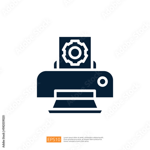 This image depicts a printer with a gear symbol, representing technology and printing processes, often associated with industry and automation.