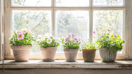 A rustic windowsill adorned with primrose flowers in small mismatched planters, with soft light filtering in