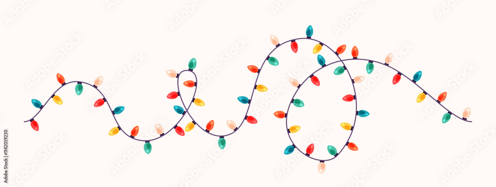 Light garland vector illustration. Seamless border of twisted light color bulbs on string. Cute fairy holiday decoration. Festive decor design. Light garland vector illustration. Seamless border of twisted light color bulbs on string. Cute fairy holiday decoration. Festive decor design.