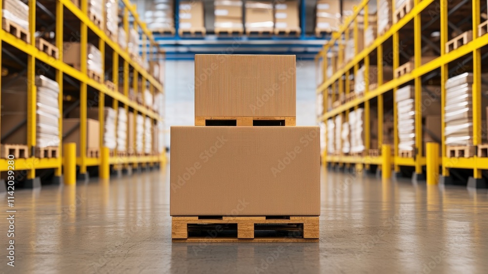 Efficiency increase speed innovation concept. Warehouse interior featuring stacked cardboard boxes on pallets, highlighting storage and logistics efficiency. Efficiency increase speed innovation concept. Warehouse interior featuring stacked cardboard boxes on pallets, highlighting storage and logistics efficiency.