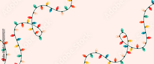 Light garland vector illustration. Frame of twisted light color bulbs on string. Copy space at the centre. Cute fairy holiday decoration. Festive decor design.