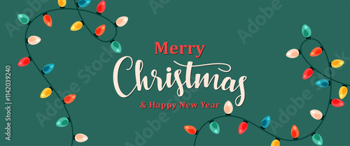 Christmas light garlands vector banner illustration. Light color bulbs on string, greeting holiday text at the centre. Vintage flat modern design for new year party invite, xmas print flyer.