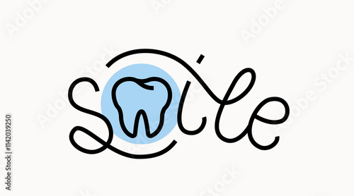 Smile lettering with tooth in blue circle. Vector illustration of dental concept. Teeth healthy medical background.