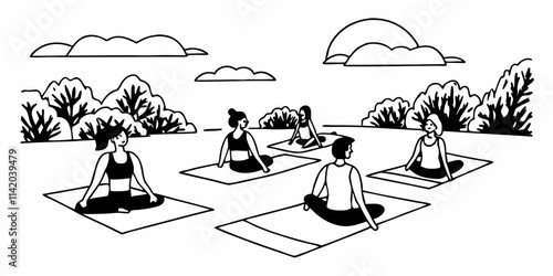 Fit sporty people practicing yoga and meditating during a late sunset period of a day outdoors