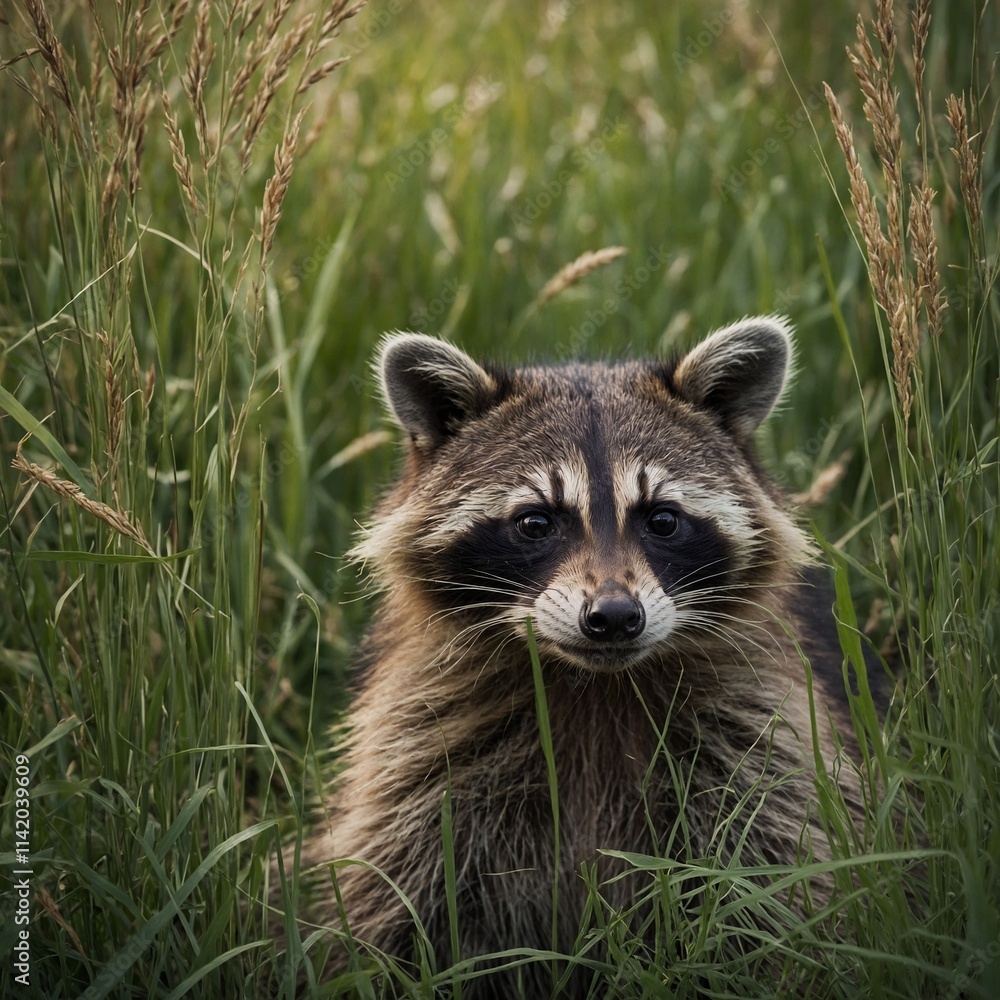 A curious raccoon peeking out from tall grass in a serene countryside.
A curious raccoon peeking out from tall grass in a serene countryside.
