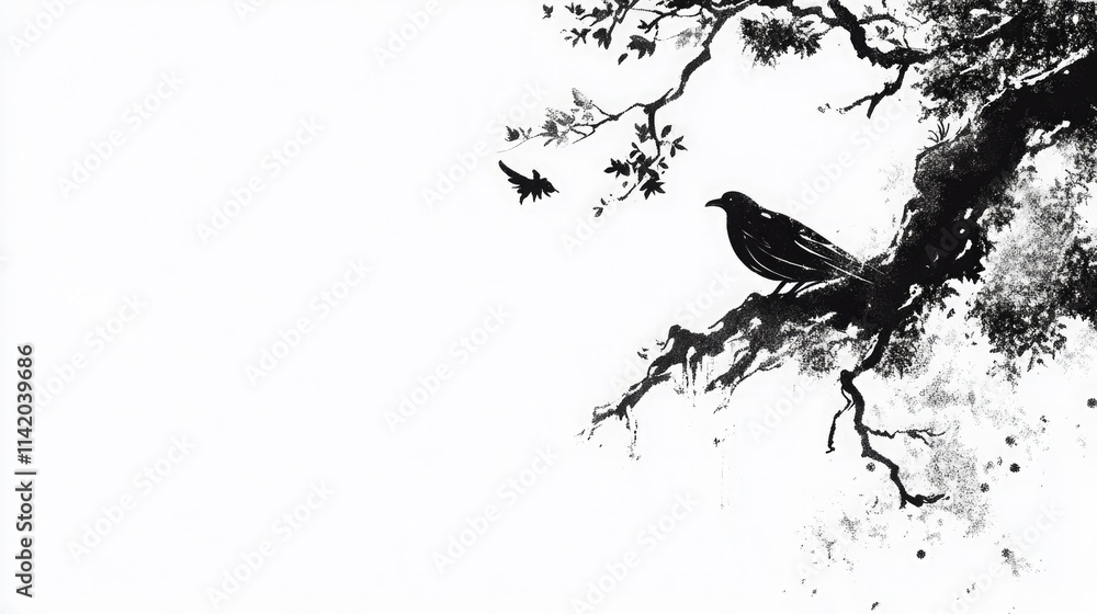 Black bird perched on a branch with leaves and a small flying insect in a minimalist style Black bird perched on a branch with leaves and a small flying insect in a minimalist style