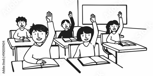 group of school kids raising hands in classroom