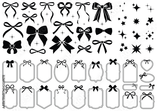 Simple hand drawn black ribbon bow collection. Bowknot for decoration, big set of bowtie. Large retro ribbon illustration set. Set of various cartoon bow knots, gift ribbons. Frames, bows, sparkles