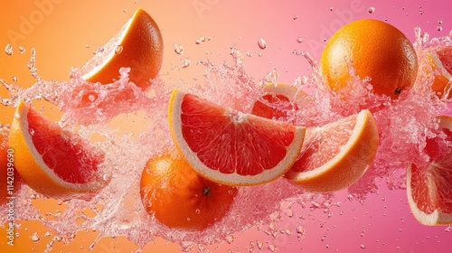 Oranges and grapefruit slices splash in vibrant water against a colorful background