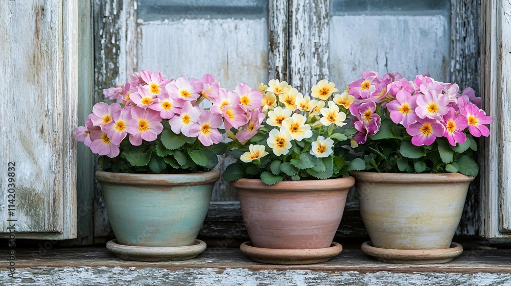 A small cluster of primrose plants in mismatched ceramic pots, with a backdrop of weathered shutters A small cluster of primrose plants in mismatched ceramic pots, with a backdrop of weathered shutters