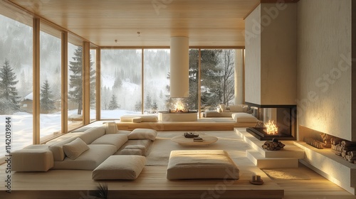 Minimalist Mountain Cabin Living Room with Stunning Winter View