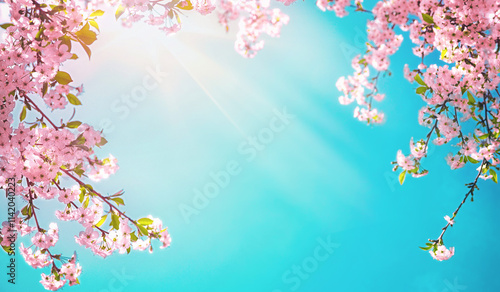 Obraz na płótnie Branches of blossoming pink sakura macro with soft focus on gentle light blue sky background in sunlight with copy space. Beautiful floral image of spring nature. w salonie