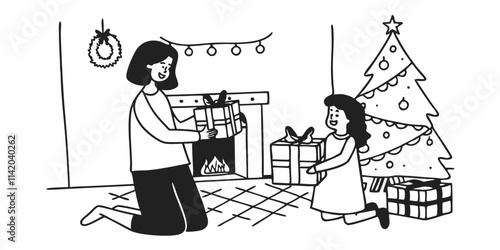 Mother giving Christmas gifts to daughter at the home