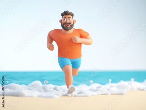 Man running along a sunny beach while waves crash at his feet during a bright day