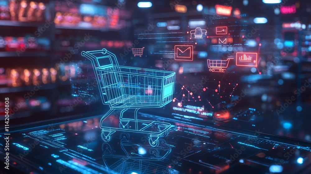 Augmented reality shopping boom: A holographic shopping cart in AR space with growth graphs and product tags floating nearby, representing futuristic e-commerce trends Augmented reality shopping boom: A holographic shopping cart in AR space with growth graphs and product tags floating nearby, representing futuristic e-commerce trends