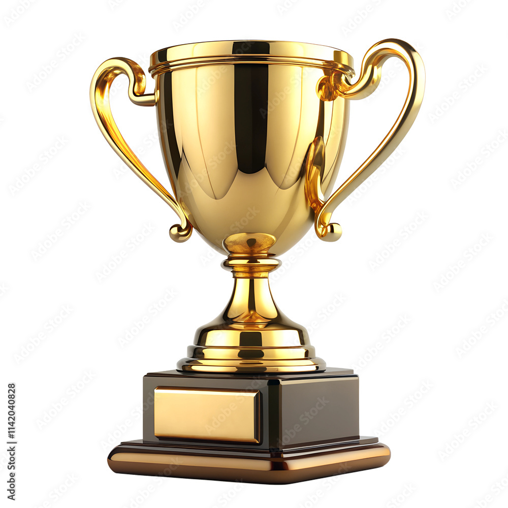 Golden trophy cup and awards on wooden stand isolated on white background Golden trophy cup and awards on wooden stand isolated on white background