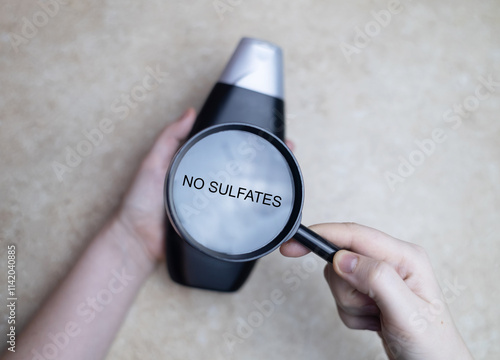 Female hands holding a can of shampoo, where it is written sulfate free, no sulfates. The concept of safe composition of shampoo without aggressive components photo