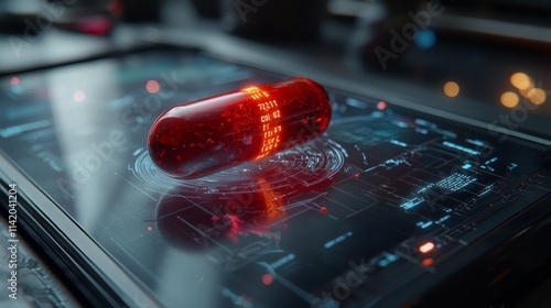 Biotech capsule interface: Capsules on a touchpad surface, with glowing holograms illustrating their functionality
