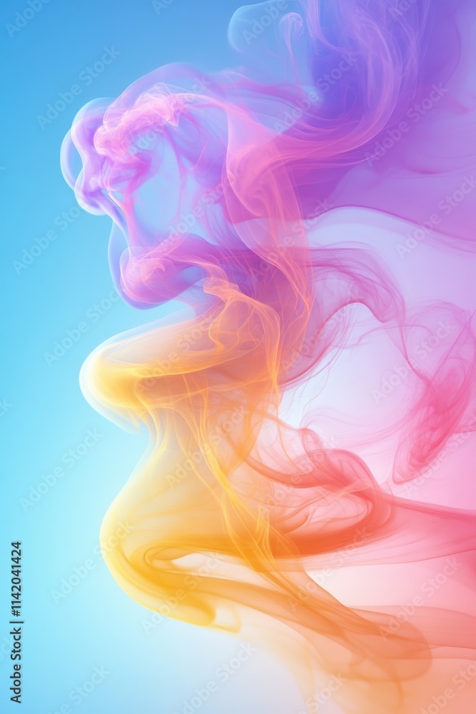 Colorful abstract smoke patterns in shades of pink, purple, and yellow against a soft blue background. Colorful abstract smoke patterns in shades of pink, purple, and yellow against a soft blue background.