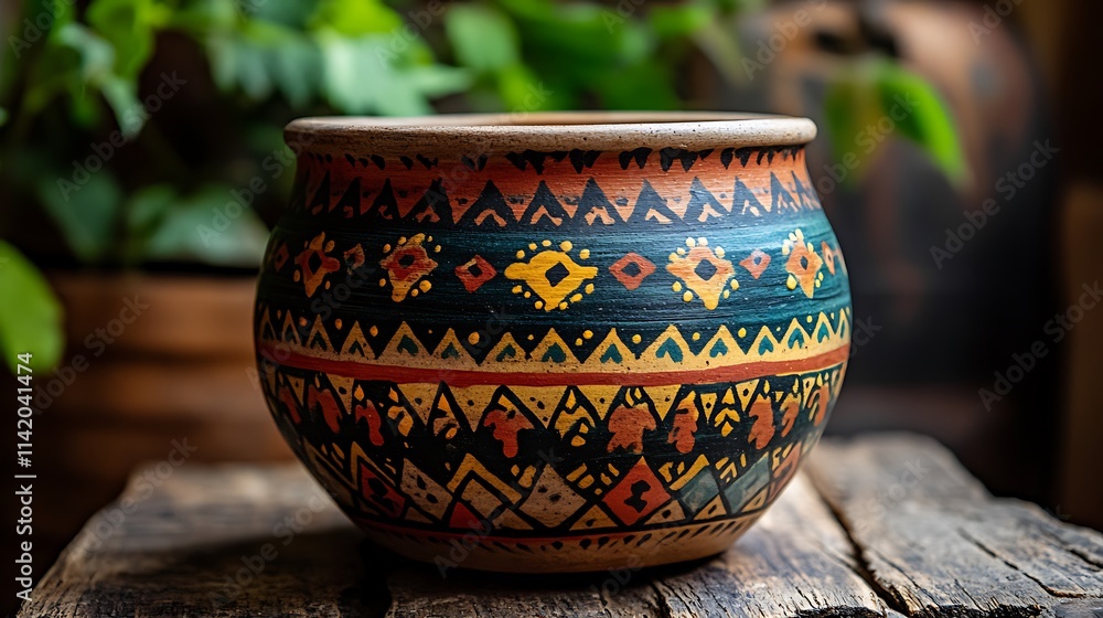 Hand painted ceramic pot with vibrant geometric design Hand painted ceramic pot with vibrant geometric design