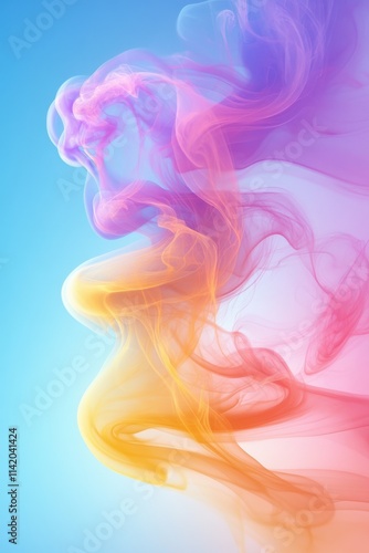 Colorful abstract smoke patterns in shades of pink, purple, and yellow against a soft blue background.