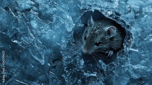 Close-up View of a Curious Mouse Emerging from a Frozen Ice Cave Surrounded by Shimmering Ice Crystals and Bright Blue Tones, Capturing the Beauty of Nature