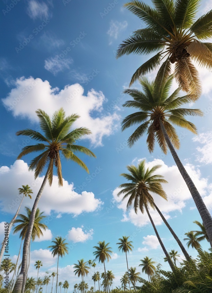 Palm trees against a vibrant blue sky with soft, white clouds, soft focus, greenery
