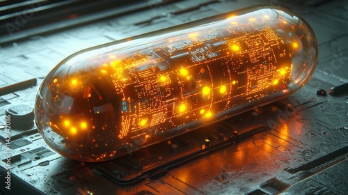 Capsule innovation: A sleek, futuristic capsule with embedded microchips and glowing circuits, displayed on a high-tech metallic surface photo