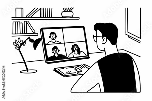work from home man having a video conference with laptop or computer