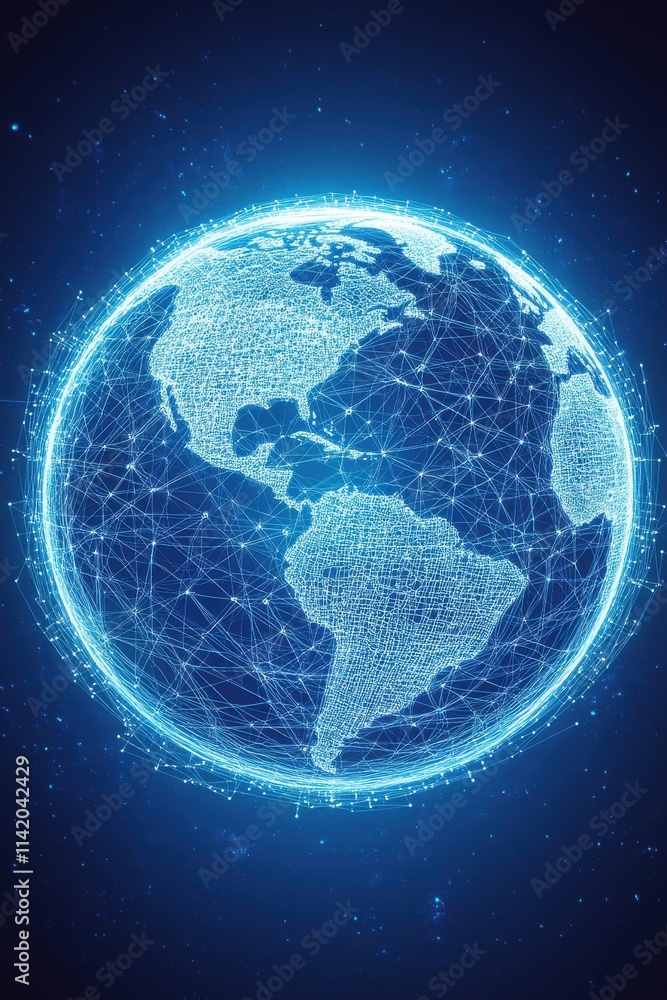 Fototapeta premium A digitally rendered glowing blue globe surrounded by interconnected lines representing global connectivity.