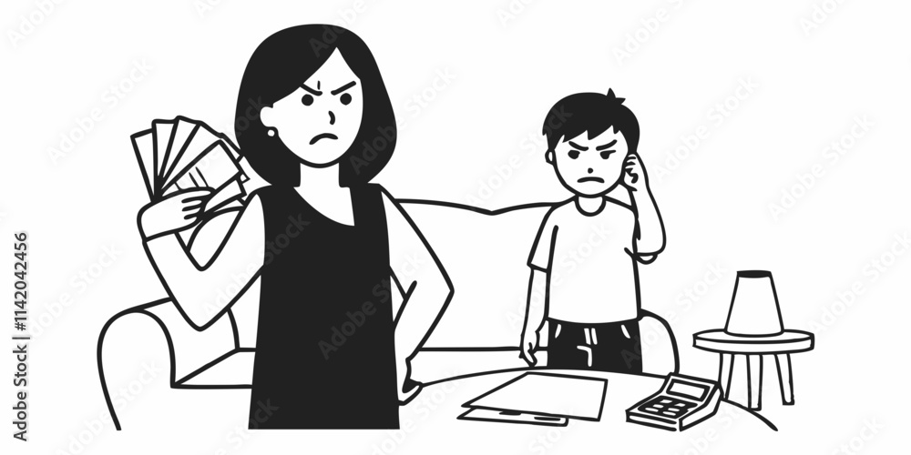 Young mother scolding her little son while going through her financials Young mother scolding her little son while going through her financials