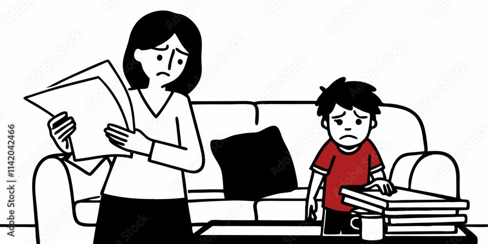 Young mother scolding her little son while going through her financials Young mother scolding her little son while going through her financials