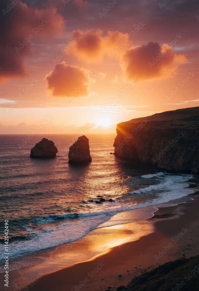 Ocean Sunset with Coastal Rock Formations Ocean Sunset with Coastal Rock Formations