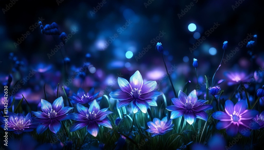 Luminous flowers blooming on a dark meadow Luminous flowers blooming on a dark meadow