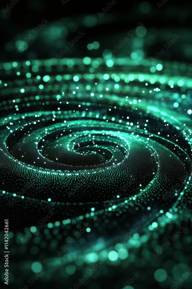 A mesmerizing abstract swirl of glowing green particles, creating a captivating cosmic effect in a dark setting. A mesmerizing abstract swirl of glowing green particles, creating a captivating cosmic effect in a dark setting.