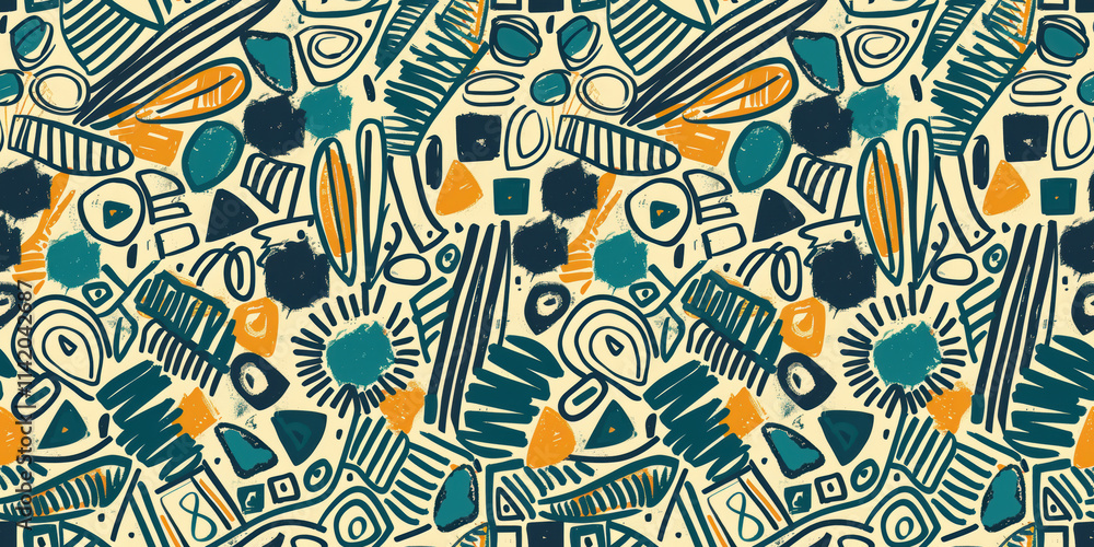 Fototapeta premium Seamless pattern with colorful abstract shapes, bright repeat funny background