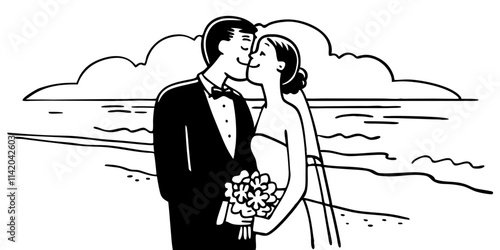 affectionate wedding couple going to kiss on beach