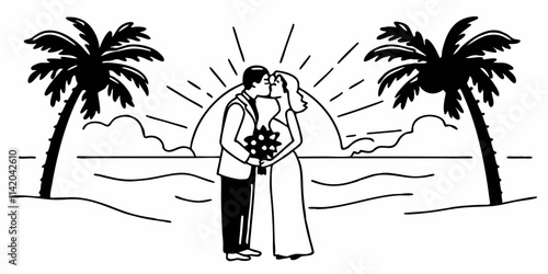 affectionate wedding couple going to kiss on beach