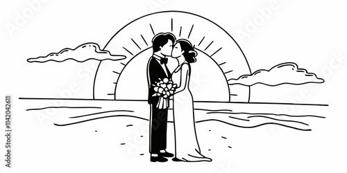 affectionate wedding couple going to kiss on beach
