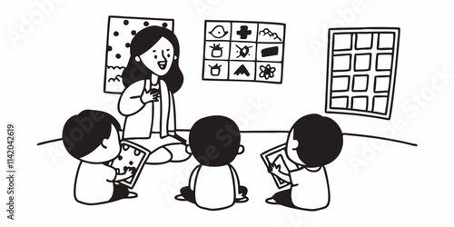 A kind female teacher spends time with her elementary school students, making learning enjoyable and fun while sparking curiosity and fostering a love for education