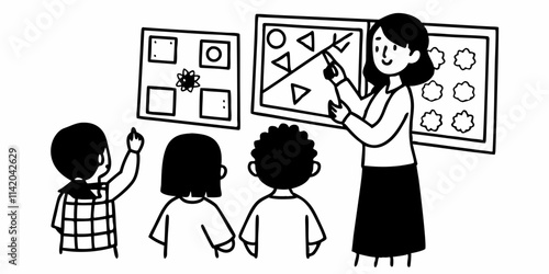 A kind female teacher spends time with her elementary school students, making learning enjoyable and fun while sparking curiosity and fostering a love for education
