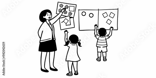 A kind female teacher spends time with her elementary school students, making learning enjoyable and fun while sparking curiosity and fostering a love for education