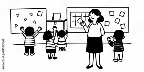 A kind female teacher spends time with her elementary school students, making learning enjoyable and fun while sparking curiosity and fostering a love for education