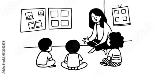 A kind female teacher spends time with her elementary school students, making learning enjoyable and fun while sparking curiosity and fostering a love for education