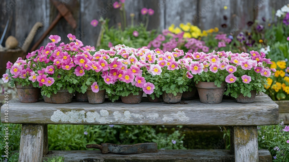 Primrose plants arranged on a rustic wooden bench, with a garden backdrop of wildflowers and tools Primrose plants arranged on a rustic wooden bench, with a garden backdrop of wildflowers and tools