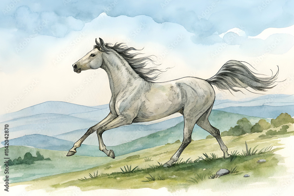 A beautiful white horse gallops gracefully across a lush, green landscape under a serene sky, highlighting the beauty of nature and freedom. A beautiful white horse gallops gracefully across a lush, green landscape under a serene sky, highlighting the beauty of nature and freedom.