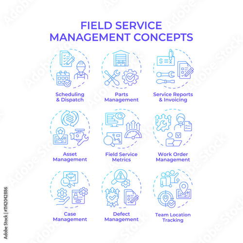 Field service management blue gradient concept icons. Optimization in FSM operations. Managing workforce, equipment, assets. Icon pack. Vector images. Round shape illustrations. Abstract idea